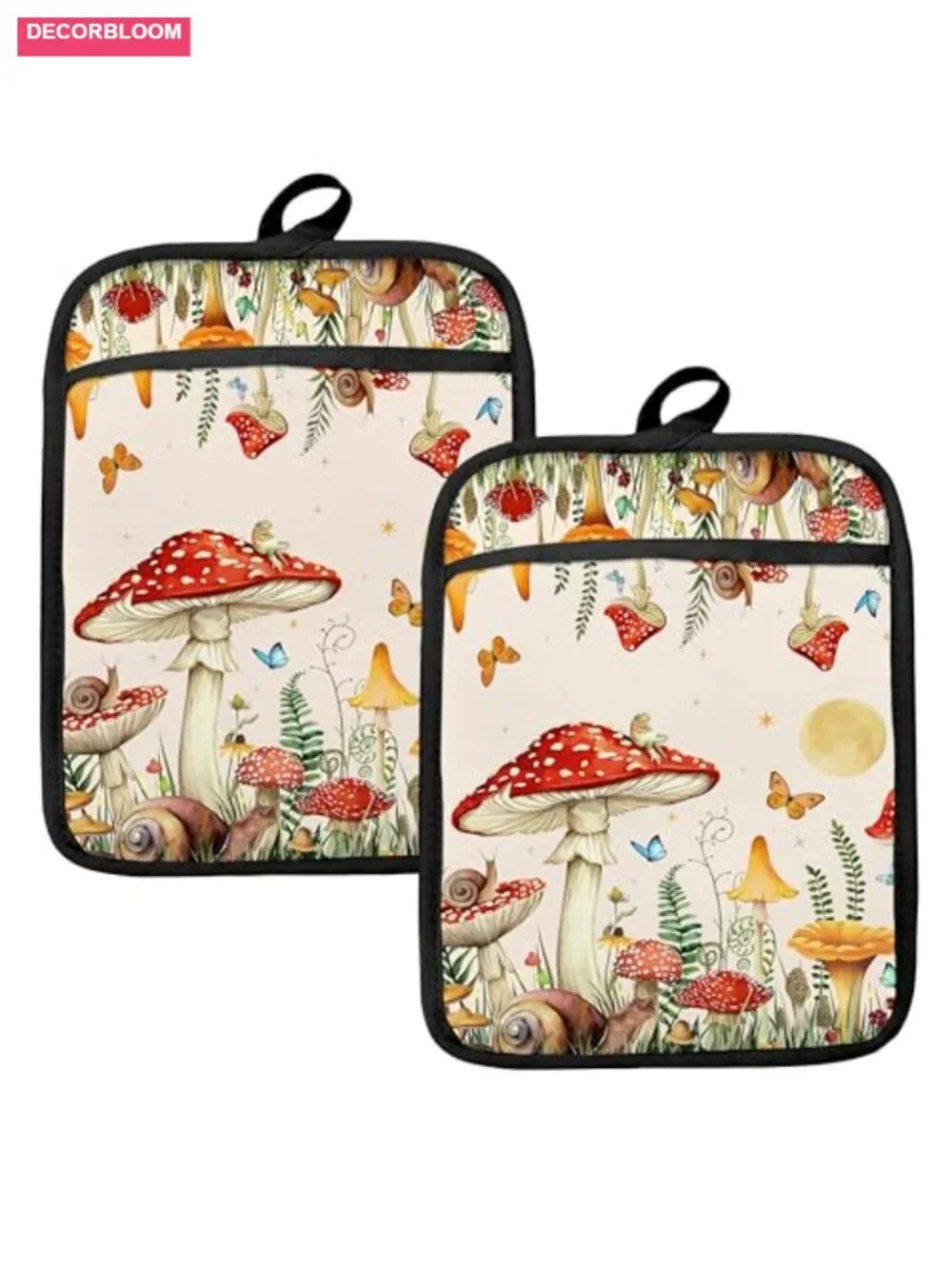 Vintage Mushroom Pot Holders Oven Mitts Set Cotton Heat-Resistant Kitchen